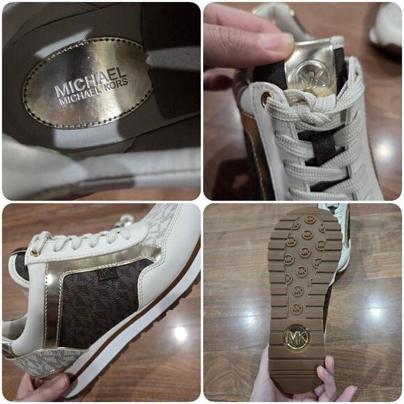 Michael Kors Maddy Vanilla/ Brown Two-Tone Logo Trainer Women's Sneakers 5.5 - Picture 11 of 13